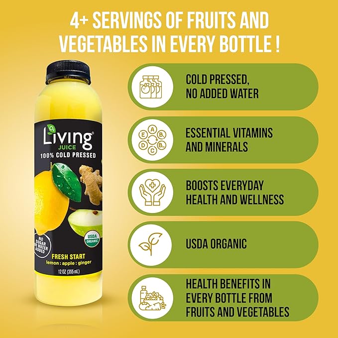 O2 Living Juice Cold Pressed Drink - Fresh Start Organic Juice Pack - No Added Sugars or Water Naturally Sweetened from Fruits Rich in Nutrients &amp Vitamins - Refreshing &amp Non-GMO - 12 fl oz