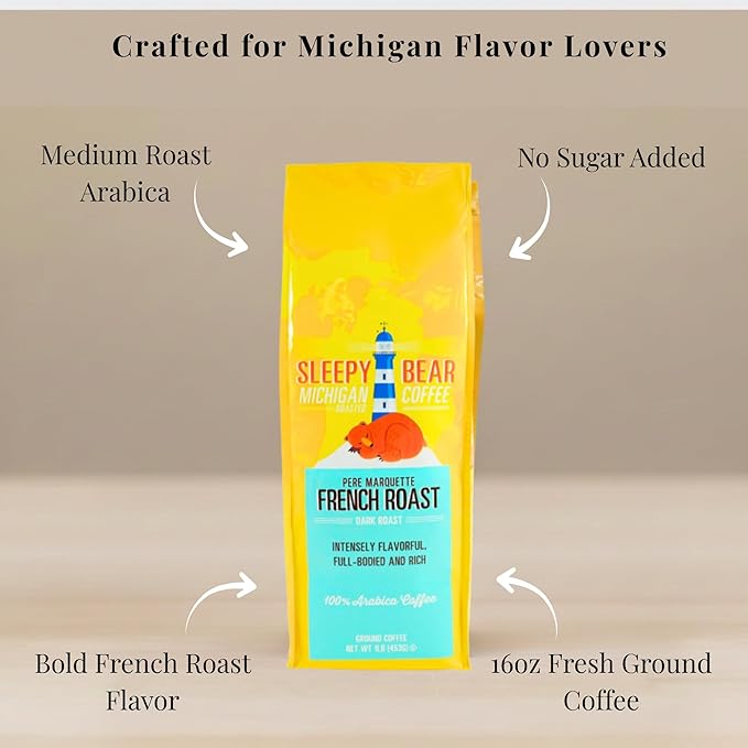 Sleepy Bear Pere Marquette French Roast Ground Coffee – Bold Dark Roast Arabica Michigan-Made Rich Flavor No Bitterness No Sugar Added 16oz Recloseable Bag (1 16 oz)