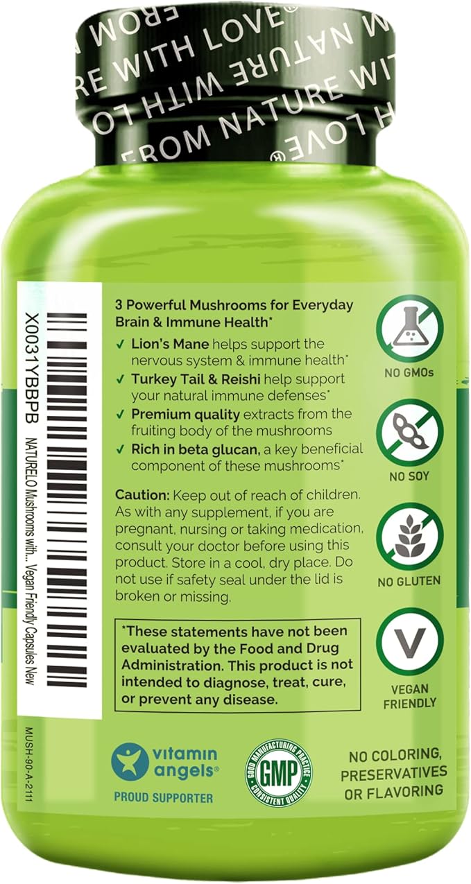 NATURELO Mushroom Supplement Capsules 90 Ct Brain &amp Immune Support Vegan-Friendly Lions Mane Supplement Capsules Lion’s Mane Reishi Turkey Tail Blend