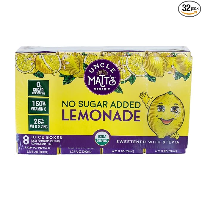 Uncle Matt’s Organic Juice Boxes – 32 Pack No Sugar Added Lemonade USDA Organic Only 10 Calories with Vitamin C D &amp Zinc Kid-Friendly Juice Drinks
