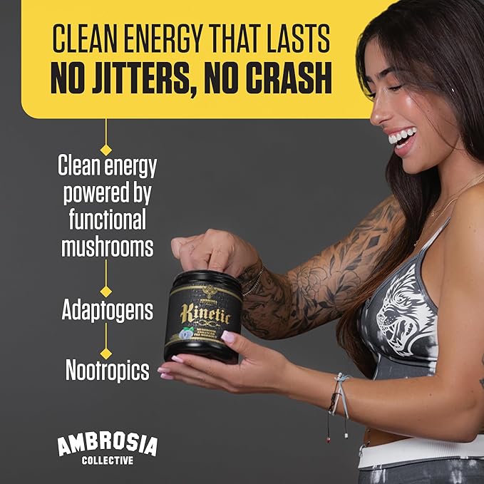 Ambrosia Kinetic - Organic Pre Workout Powder with Creatine | Natural Mushroom Pre Workout | Nootropic Pre for Clean Energy &amp Focus | 24 Servings | Strawberry Guava