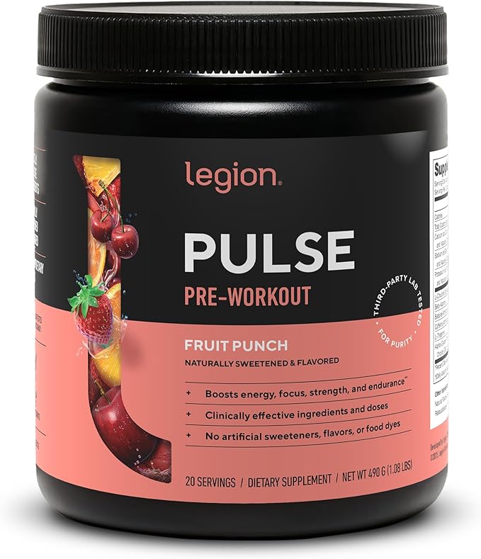 LEGION Pulse Pre Workout Supplement - All Natural Nitric Oxide Preworkout Drink to Boost Energy Creatine Free Naturally Sweetened Beta Alanine Citrulline Alpha GPC (Fruit Punch)