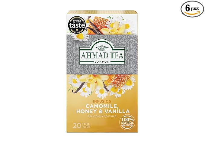 Ahmad Tea Herbal Tea Camomile Honey &amp Vanilla Teabags 20 ct (Pack of 6) - Decaffeinated &amp Sugar-Free