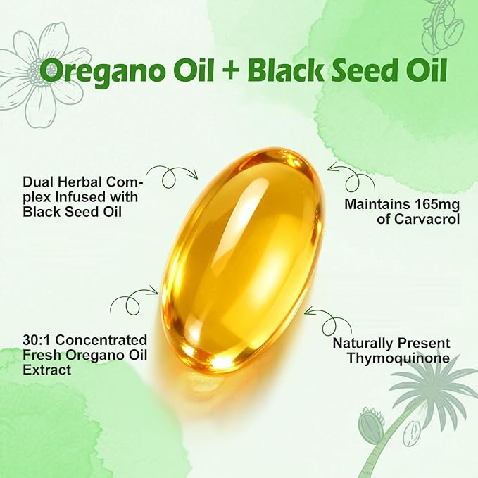 Oil of Oregano with Black Seed Oil 90/280/560/840 Softgels 9000mg Per Serving – 2-in-1 Oregano Supplement for Immune Health with High Carvacrol &amp Thymoquinone | Plant-Based Non-GMO
