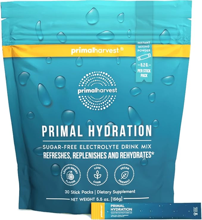 Primal Harvest Electrolytes Powder Packets Primal Hydration Easy Open Packets Energy Drink Mix (Lemon Berry 30 Packs) (1 Bag)