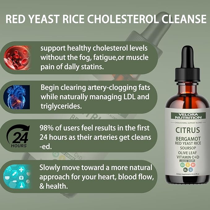 velora Red Yeast Rice Cholesterol Cleans Drops with Citrus Bergamot Red Yeast Rice Soursop Olive Leaf Vitamin C+D Natural Non-GMO Vegan 2 fl oz (2pcs)