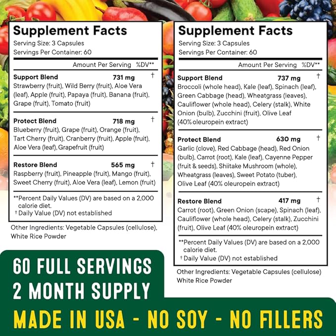 Superfood Fruit and Veggie Supplement - Fruit and Veggie Capsules 100% Whole Super Fruits and Super Vegetables Supplements &amp Vitamins with Beta Carotene (720 Count (Pack of 4))