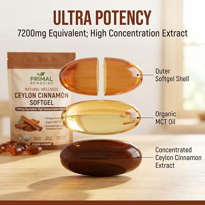 Primal Remedies Ceylon Cinnamon - 300 Softgels with MCT Oil Highly Bioavailable Non-GMO Gluten Free Vegan Capsules for Blood Sugar &amp Metabolism Support (1)