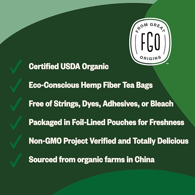 FGO Organic Green Tea 100 Count Eco-Conscious Tea Bags Caffeinated Resealable Pouch Packaging May Vary (Pack of 1)