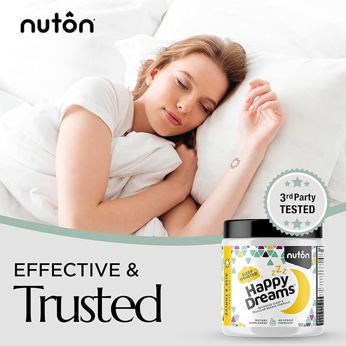 Nuton Happy Dreams Natural Sleep Aid Supplement &amp Cellular Vitality - Melatonin Sleep Aid for Adults Time Release Formula with ETAS Asparagus L-Serine and Venetron Extract 60 Veggie Capsules
