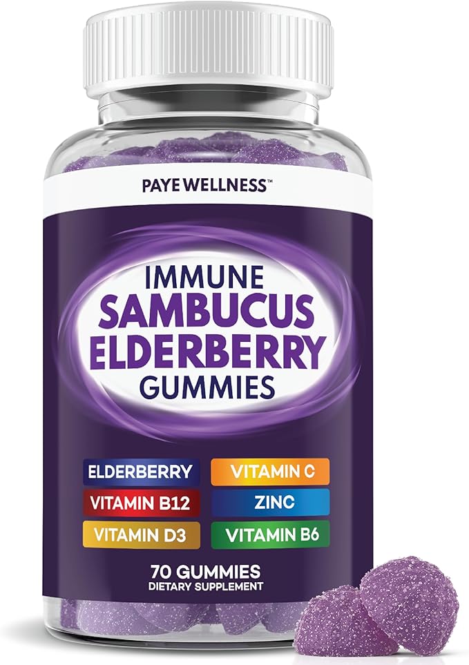 Elderberry Gummies Immune Support Daily Support for Kids and Adults* with Sambucus Elderberry Zinc Vitamin C D3 B6 B12 Plus - Dietary Supplement - 70 Count