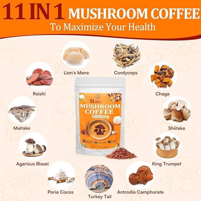 Mushroom Coffee - Mushroom Coffee Organic with 11 Superfood Mushrooms Includes Lion's Mane Reishi Chaga Cordyceps and Adaptogens Mushroom Supplement for Energy Focus Memory and Immunity - 5.3oz