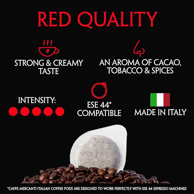 Caffe Mercanti ESE (Easy Serve Espresso) Rossa Italian Coffee Pods in Filter Paper - 44mm 150 Pods - Italiano Caffe Filter Paper - Non-GMO
