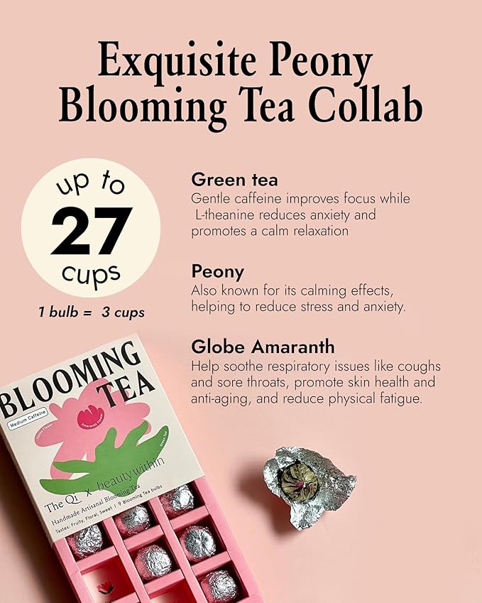 The-Qi x Beautywithin Peony Blooming Flower w/Green Tea – 9 Pcs Handpicked All Natural Blooming Flower Tea – Peony &amp Globe Amaranth Blend Qi Gift Set for Relaxation &amp Wellness – Makes 27 Cups
