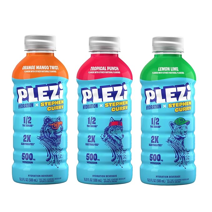 PLEZi Hydration Drink Variety Pack x Stephen Curry – Orange Mango Twist Tropical Punch &amp Lemon Lime – Sports Drinks with 2X Electrolytes 500mg Potassium No Added Sugar – 16.9 Fl Oz (36 Pack Tot
