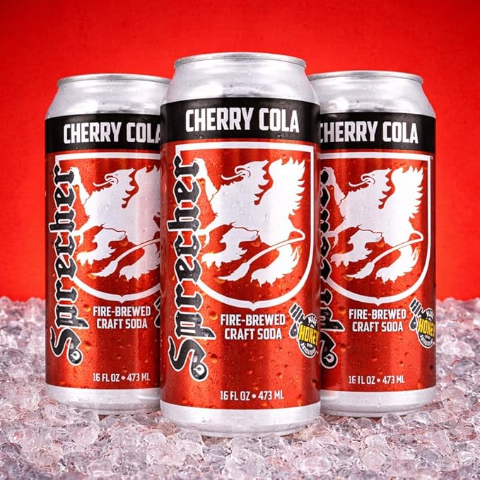 Sprecher Cherry Cola in 16 fl oz Cans (12 Pack) Fire-Brewed Craft Soda with Real Honey &amp Door County Cherry Juice Handcrafted Premium Cherry Soda Caffeine-Free Gourmet Beverage