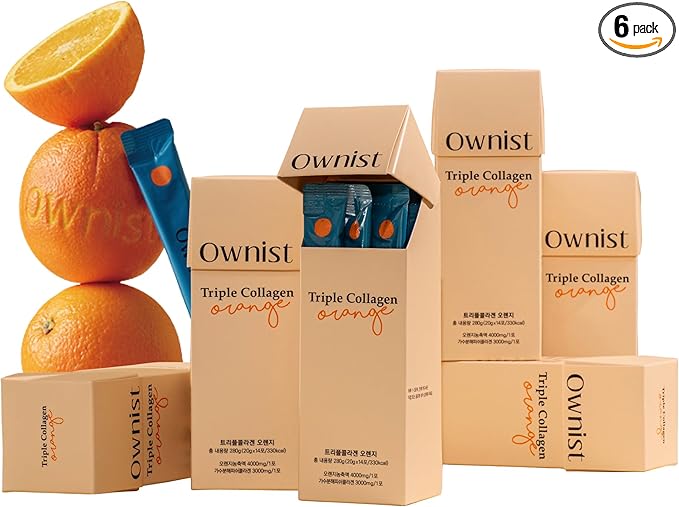 Ownist Triple Collagen Liquid Packets On-The-Go - Peptides with Hydrolyzed Marine Collagen Elastin Hyaluronic Acid and Vitamin for Healthy Skin - Orange Flavor - 84 Individual Stick Packs (6 Boxes)