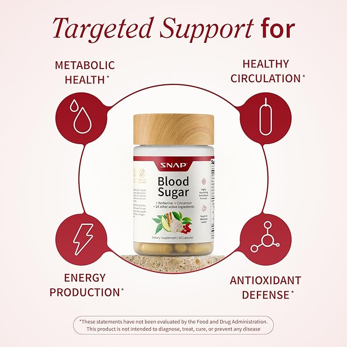 Snap Supplements Blood Sugar Blend with Berberine CoQ10 Cinnamon and Gymnema to Support Already Healthy Blood Sugar Metabolic Health and Energy Sugar Free 60 Capsules (Packaging May Vary)