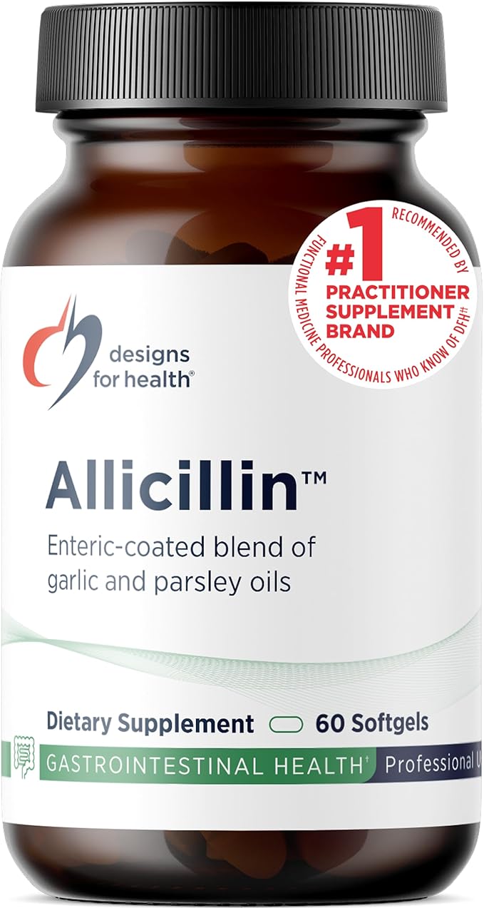 Designs for Health Allicillin - Allicin Supplement with 200mg Garlic Oil + Parsley Oil - Garlic Pills with Powerful Sulfides - Enteric Coated to Help Reduce Odor Non-GMO (60 Softgels)