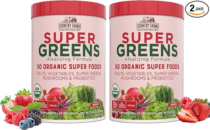 Country Farms Super Greens Berry Flavor 50 Organic Foods USDA Drink Mix Multicolor Multi 40 Servings 21 Oz 2 Pack