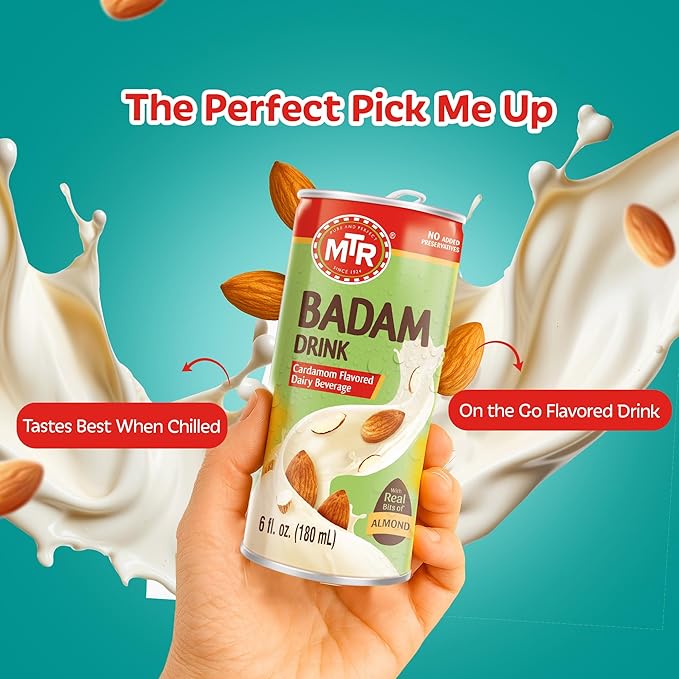 MTR Badam Drink - Cardamom Flavored Ready-to-Drink - Authentic Indian Almond Milk Beverage Real Bits of Almond No Added Preservatives Gluten-Free Refreshing Drink Perfect for Anytime Refreshment