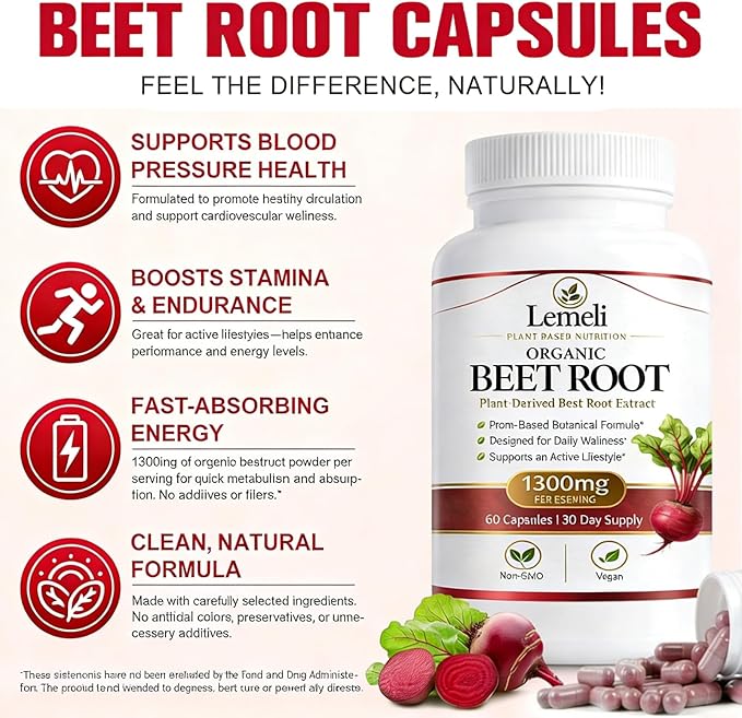Beetroot Plant-Based Beetroot Ingredient – 60 Vegan Capsules – Non-GMO Gluten Free