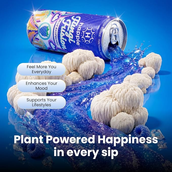 Happie Fungi Fusion Blue Raspberry – Sparkling Adaptogen Drink with Lion’s Mane Cordyceps &amp Red Reishi – Plant-Based Nootropic 40 Calorie Agave Nectar Vegan Wellness Soda Alternative