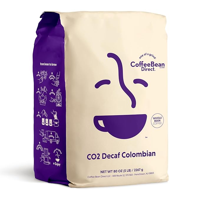 Coffee Bean Direct CO2 Decaf Colombian Whole Bean Coffee Light Roast 5 Pound Bag (Pack of 1)