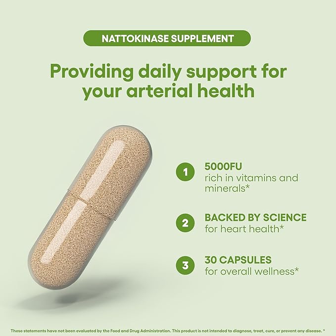 Nattokinase 5000FU Arterial Support - Targets Plaque | Third Party Tested Verified Quality | 30 Vegetarian Capsules | Non-GMO Gluten Free Vegan Friendly | Natural Ingredients Health Supplement (30)