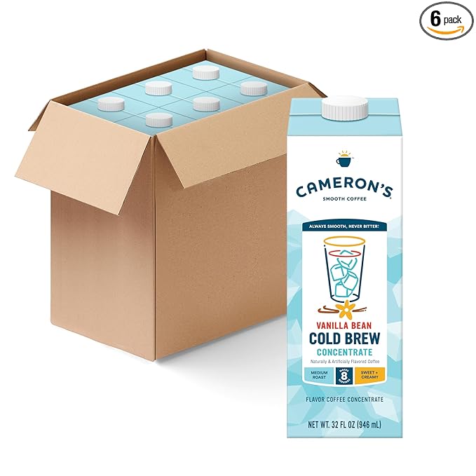 Cameron's Coffee Cold Brew Coffee Concentrate Vanilla Bean Smooth Flavored Coffee Multiserve Shelf Stable 32 oz (Pack of 6)