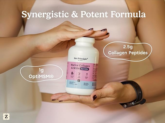 Zen Principle Marine Collagen Peptides Powder with OptiMSM® Supplement. Clinically Tested for Skin Support. Wild-Caught Fish Non-GMO. 420 Capsules.
