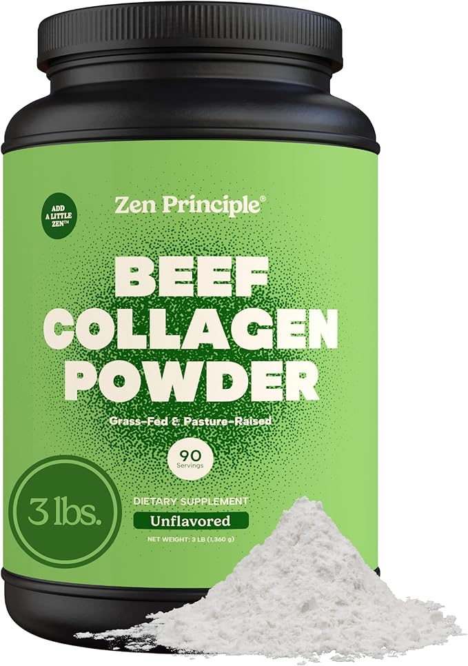 Zen Principle Grass-Fed Agglomerated Hydrolyzed Collagen Peptides 3 lb. Anti-Aging Protein Powder for Healthy Hair Skin &amp Joints. Paleo and Keto Friendly GMO and Gluten Free Pasture-Raised Bovi