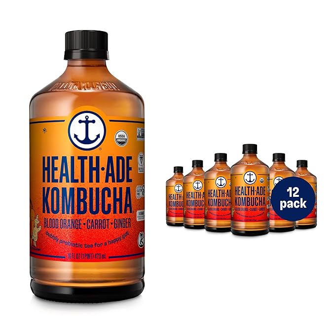 Health-Ade Kombucha Tea Organic Drink Fermented Tea with Living Probiotics Detoxifying Acids Supports Gut Health Non-GMO Vegan Gluten Free 12 Pack (16 Fl Oz Bottles) Blood Orange Carrot Ginger