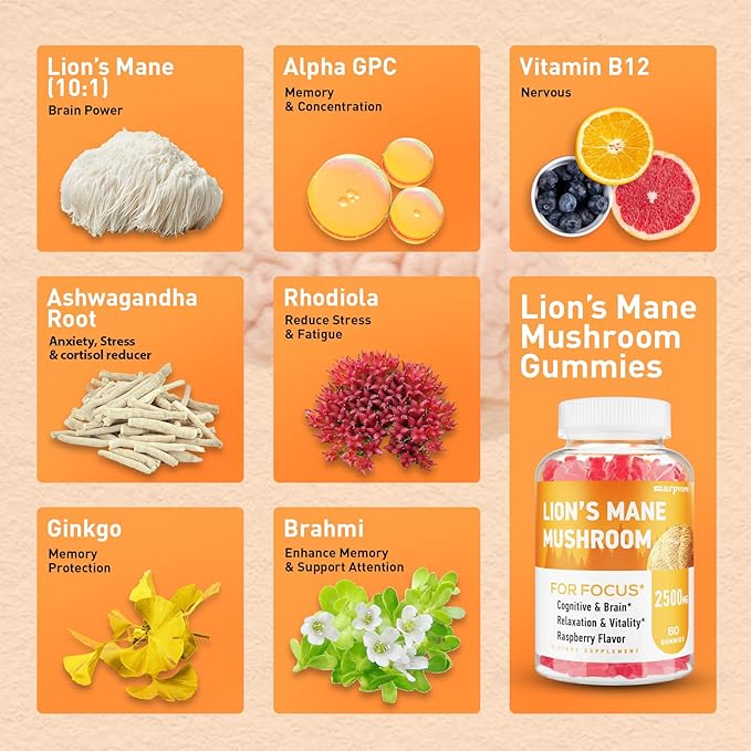 Lions Mane Gummies Organic Lion's Mane Lions Mane Gummies for Adults with Ashwagandha &amp Alpha GPC Cortisol Supplements for Women &amp Men 60 Counts