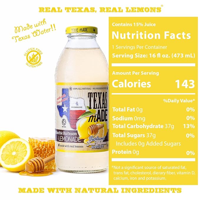 Texas mADE Waxahachie Burleson Lemonade Honey Lemonade Made with Pure Cane Sugar and Texas Wildflower Honey No Preservatives Texas Crafted Lemonade 16 fl oz Pack of 12