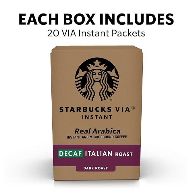 Starbucks VIA Instant Coffee Dark Roast Coffee Decaf Italian Roast Arabica Beans Single-Serve 1 Box (20 Packets)