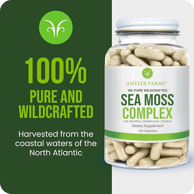 Antler Farms – 100% Pure Sea Moss Complex 130 Capsules Wildcrafted Irish Sea Moss Bladderwrack and Burdock Root – A Potent Blend for Wellness Vegan-Friendly Gluten Soy and Dairy Free