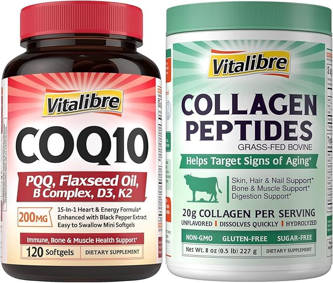 CoQ10 200mg Ubiquinone with PQQ Folate Niacin K2 D3 Black Pepper Powerful Antioxidant Energy Booster 120 Softgels and Bovine Collagen Peptides Powder for Women and Men 8oz