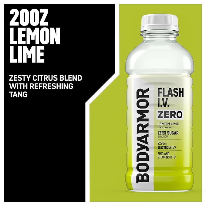 BODYARMOR Flash I.V. Zero Sugar Electrolyte Beverage Lemon Lime Hydration Drink For Rapid Rehydration Post Workout Recovery 20 Fl Oz (Pack of 12)