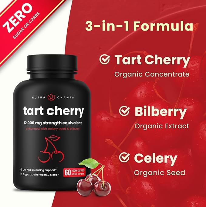 NutraChamps Organic Tart Cherry Extract Capsules 12000mg - Made from Montmorency Tart Cherry Concentrate Celery Seed &amp Bilberry - Uric Acid Cleanse &amp Joint Support - Vegan Capsules (Pack of
