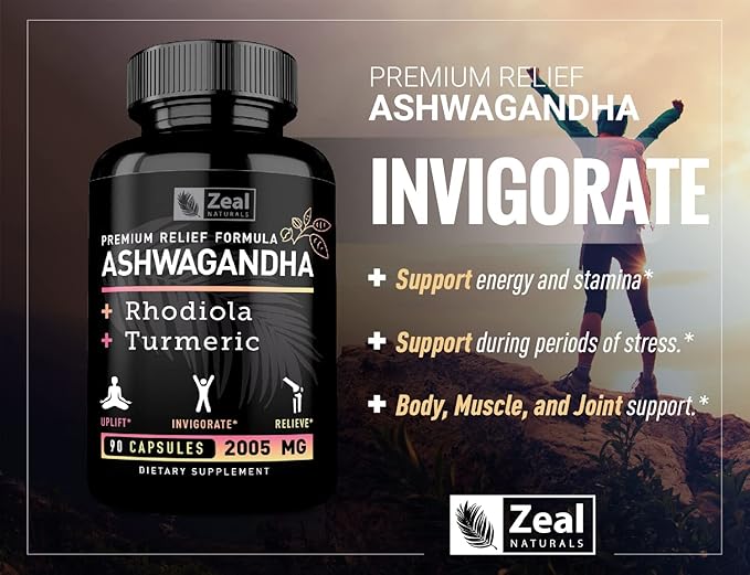 Zeal Naturals Adaptogenic Ashwagandha Complex | 2005mg 90 Capsules | Organic Ashwagandha Root Powder + Rhodiola Rosea + Turmeric | 3-in-1 Stress Relief Energy &amp Joint Support Supplement