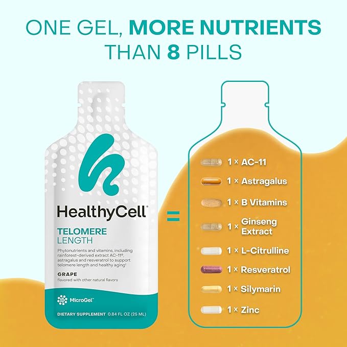 HealthyCell Telomere Length Supplement - Anti-Aging Telomere Lengthening Supplements with Phytonutrients &amp Vitamins for Cellular Health - AC-11 Astragalus &amp Resveratrol - 30 Gel Packs Grape