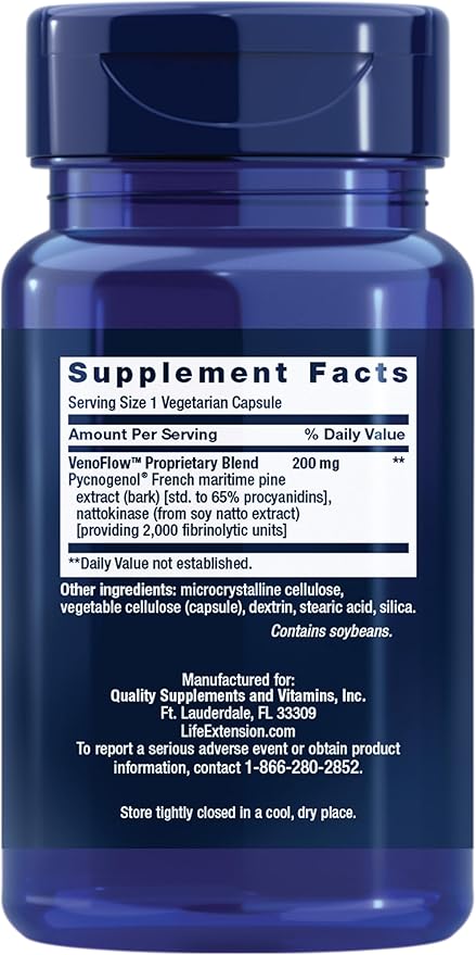 Life Extension VenoFlow™ nattokinase Enzyme French Maritime Pine bark Extract Supports Healthy Vascular Function arm and Leg Circulation Gluten Free Non-GMO Vegetarian 1-Daily 30 Capsules