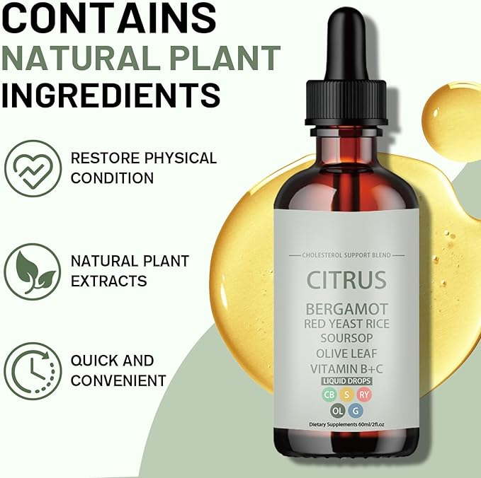Red Yeast Rice DropsCholesterol Support Blend with Citrus Bergamot Red Yeast Rice Soursop Olive Leaf Vitamin B+CNon-GMO Natural Vegan 2 fl oz Dietary Supplement (Pack of 2)