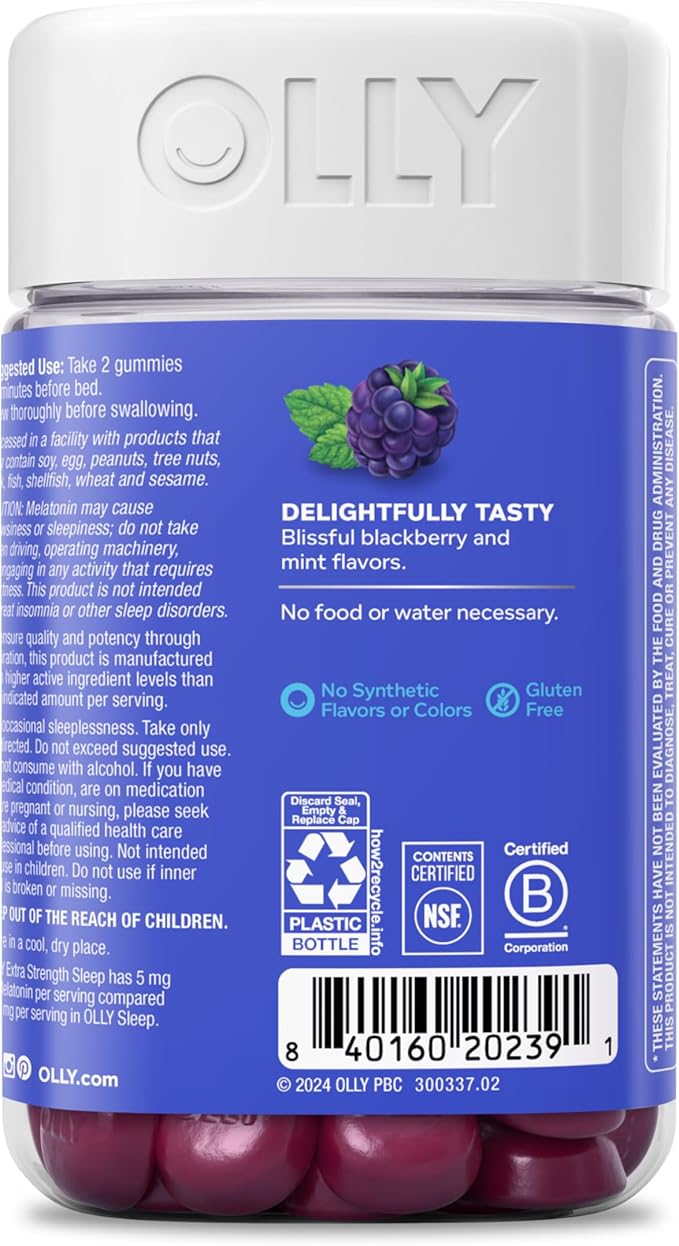 OLLY Extra Strength Sleep Gummy 5 mg Melatonin L-Theanine Chamomile Lemon Balm Extracts Sleep Aid BlackBerry Flavor - 90 Count