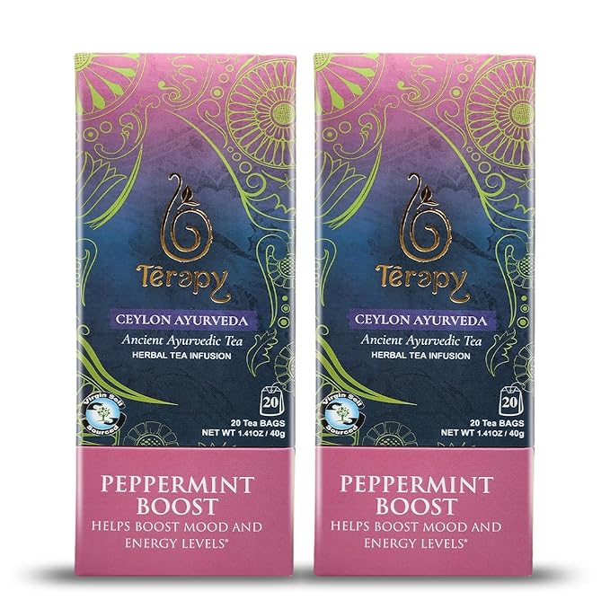 TERAPY Ceylon Peppermint Tea - Boosts Well-being &amp Energy Levels 100% Pure Peppermint Tea Bags Low Caffeine Refreshing Herbal Flavor 20 Individually Wrapped Unbleached Bags for Freshness (2 Pa