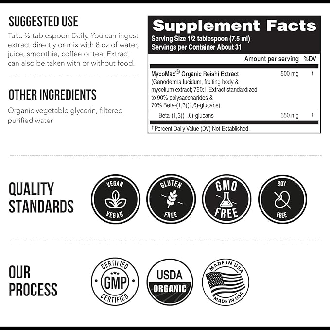 Organic Reishi Mushroom Extract - 70% Beta Glucans - Highest Active Nutrient Levels Max Potency Cordyceps Tincuture US Grown + Ultrasonic Extraction - Energy Immunity Sleep and Stress - 8 oz.