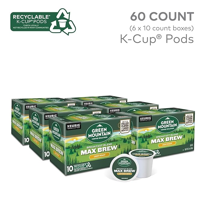 Green Mountain Coffee Roasters Breakfast Blend Max Brew Single Serve Keurig K-Cup Pods Light Roast Coffee 60-Count Box (6 Packs of 10)