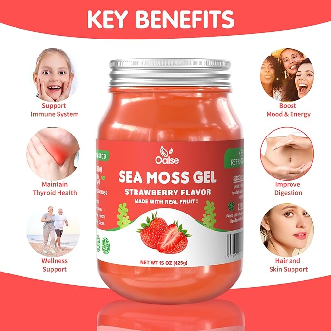 15 OZ Sea Moss Gel- Natural Wildcrafted Irish Seamoss Gel with 92 Minerals and Vitamins - Non-GMO Gluten-Free Vegan - Immune Defense Thyroid Digestive Support (Strawberry)