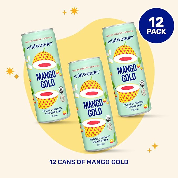 wildwonder Sparkling Probiotic Drink 12pk For Gut Health &amp Immune Support Mango Gold 5g Prebiotic Fiber Live Probiotics Organic Vegan Low Sugar 12 Pack 12oz Can As Seen on Shark Tank